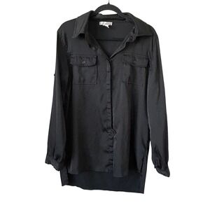 WD·NY Black Satin Button Down Shirt Size L‎ Excellent Long Sleeve Pocket Top